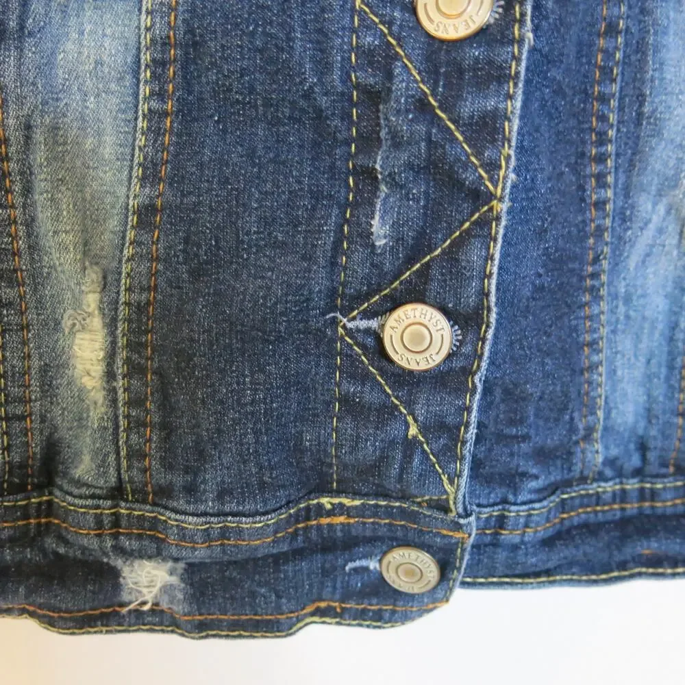 AMETHYST JEANS Denim Jean Vest Size S* Embroidery Distressed Blue Boho Casual